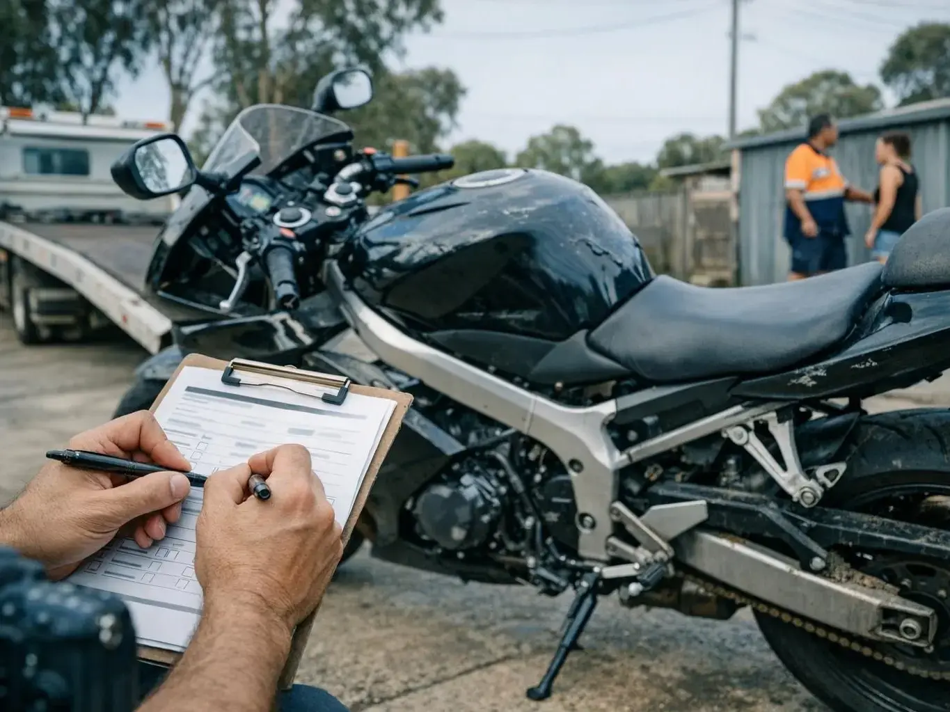 Damaged salvage bike inspection in Toowoomba workshop